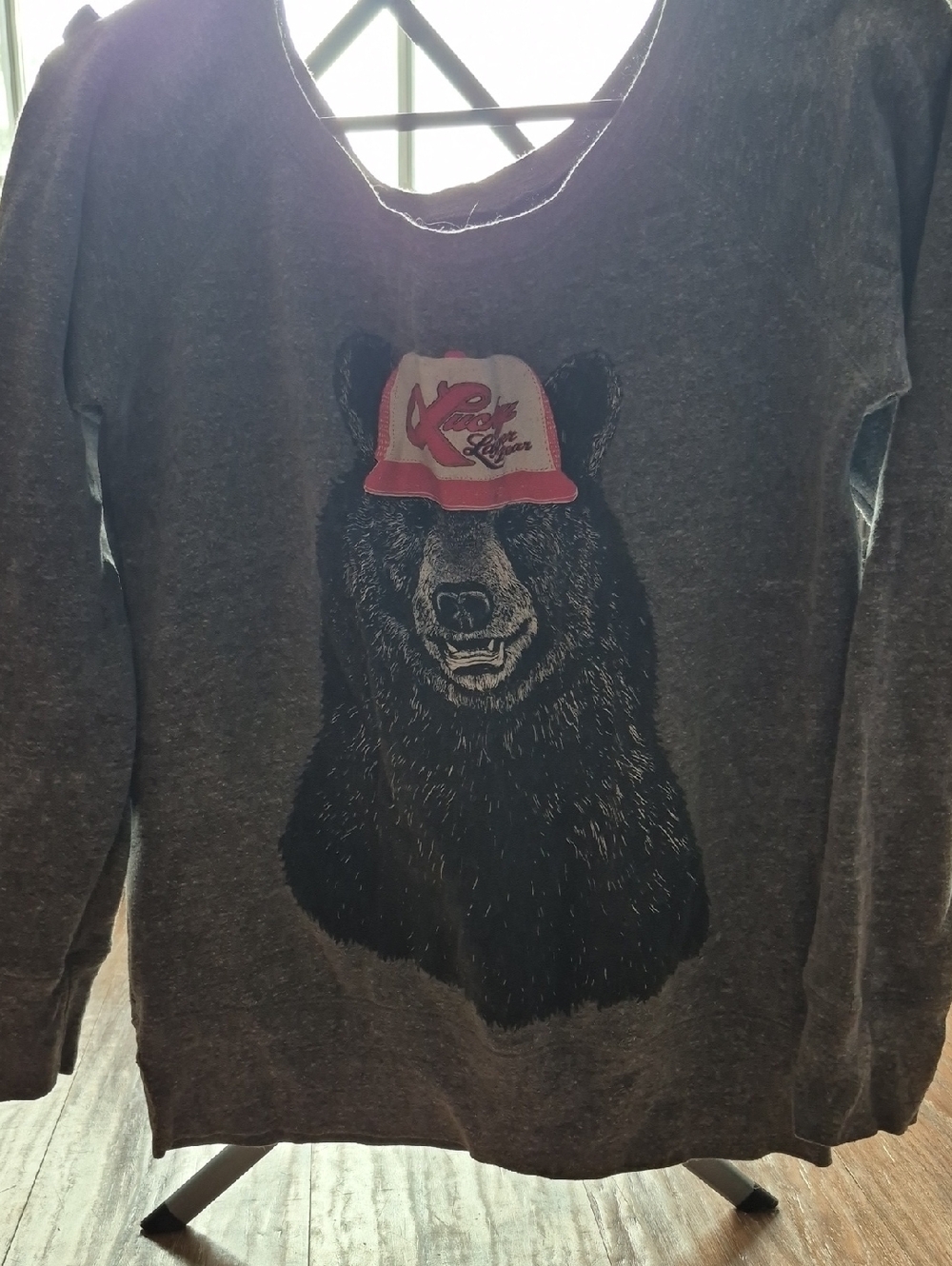 Lucky Lager Beer Long Sleeve Bear Graphic Tee - Charcoal Gray